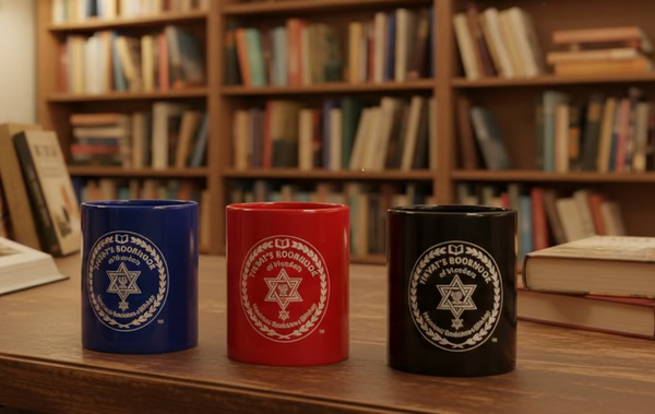 Three mugs in blue, red, and black with a logo on a wooden surface.