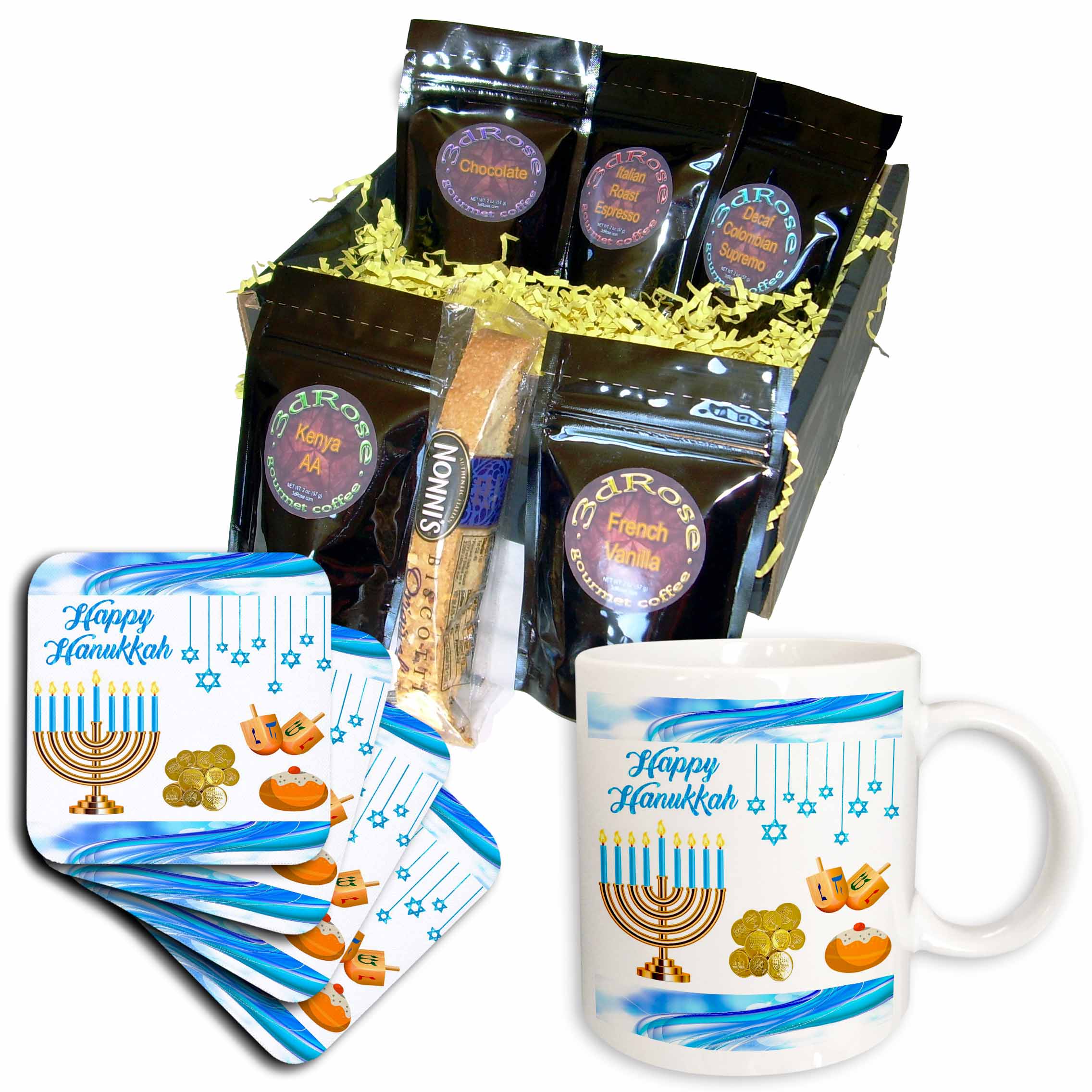 3dRose Coffee Gift Basket - Image of Menorah, Dreidels, Food and Jewish Stars with Words