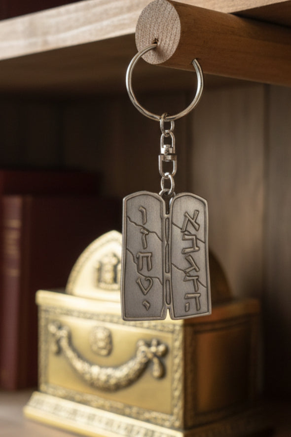 A hand holds a silver keychain in its original packaging, featuring the Hebrew word 'Shin' on one side and 'Dalet' on the other, representing the Ten Commandments. The background shows a laptop, a striped blanket, and a pillow with the Star of David.