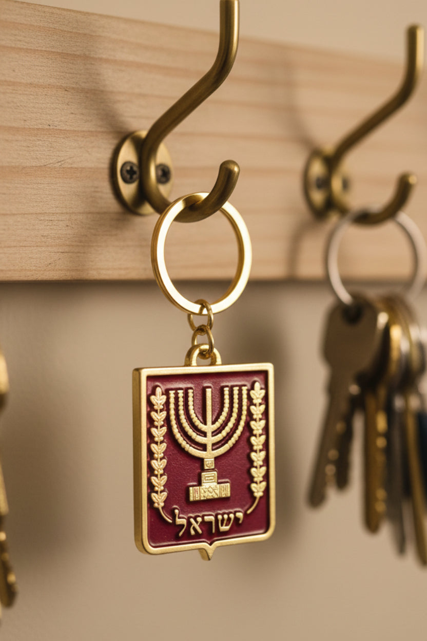 A small clear plastic bag containing a decorative keychain with a gold-tone menorah and Hebrew text on a burgundy square, placed on top of a black Lenovo laptop keyboard.