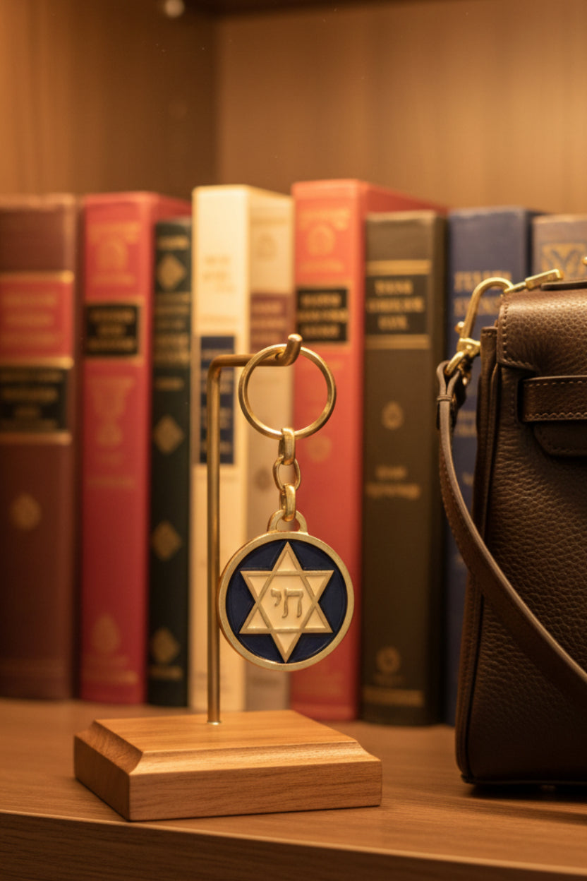A hand holding a gold-toned keychain with a circular medallion featuring a Star of David and Hebrew lettering, set against a background of blue and white patterned fabric and other packaged items.
