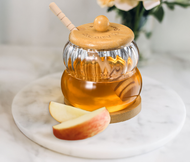 Glass Honey Jar with Wood Lid & Stand and Honey Dipper