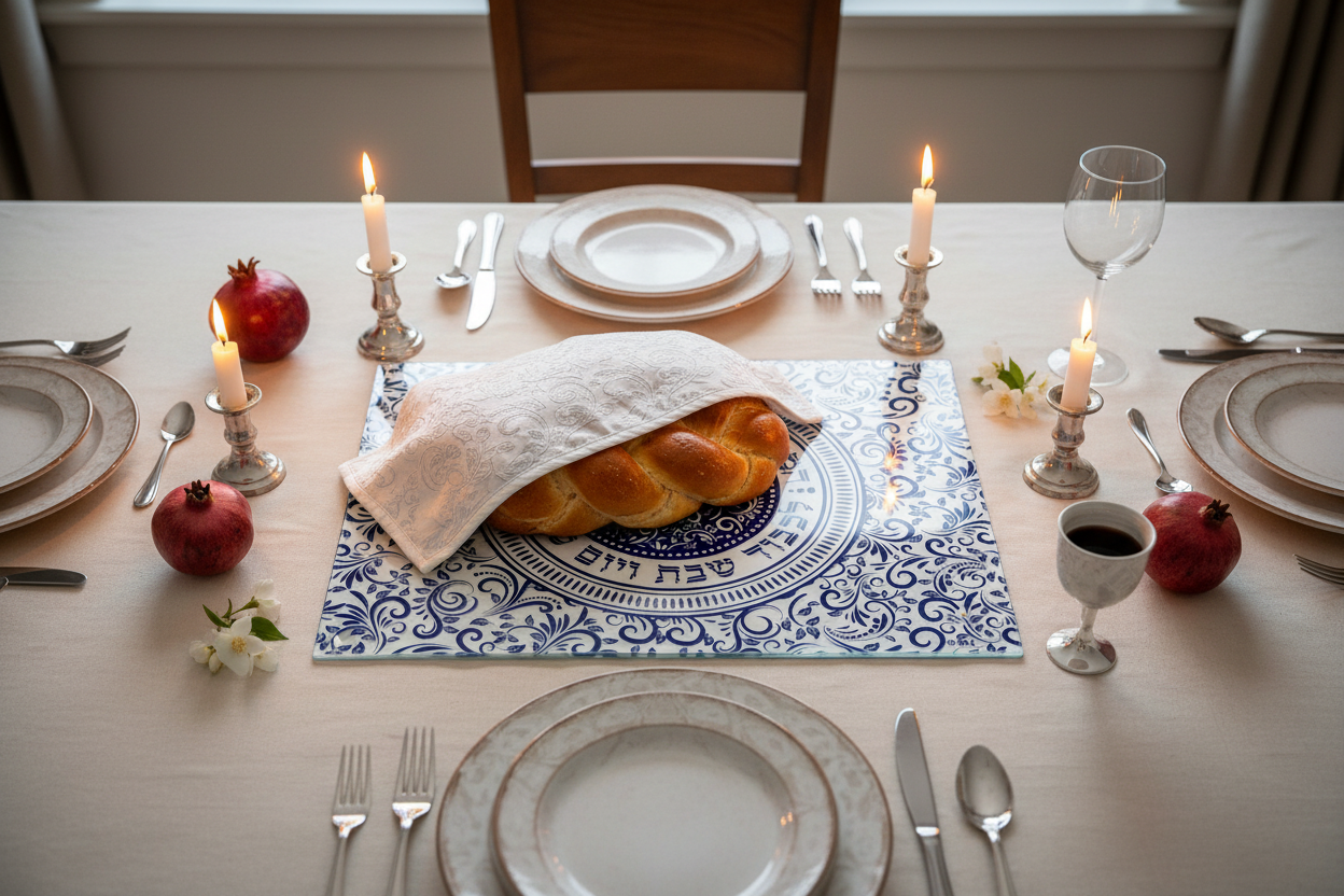 Glass Challah Board, Blue Damask Pattern