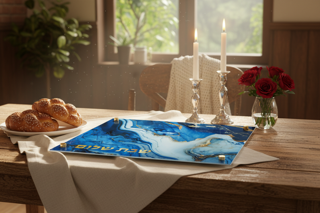 Glass Shabbat Challah Board, Blue Marble Design