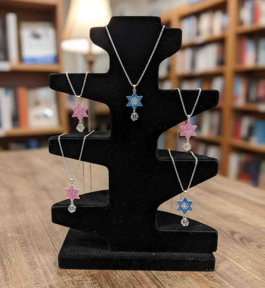 Pink and Blue Glittered Star of David Necklace